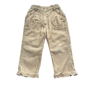 Janie And Jack Tan Corduroy Pants Embroidered Flowers Ruffle Straight Leg 2T